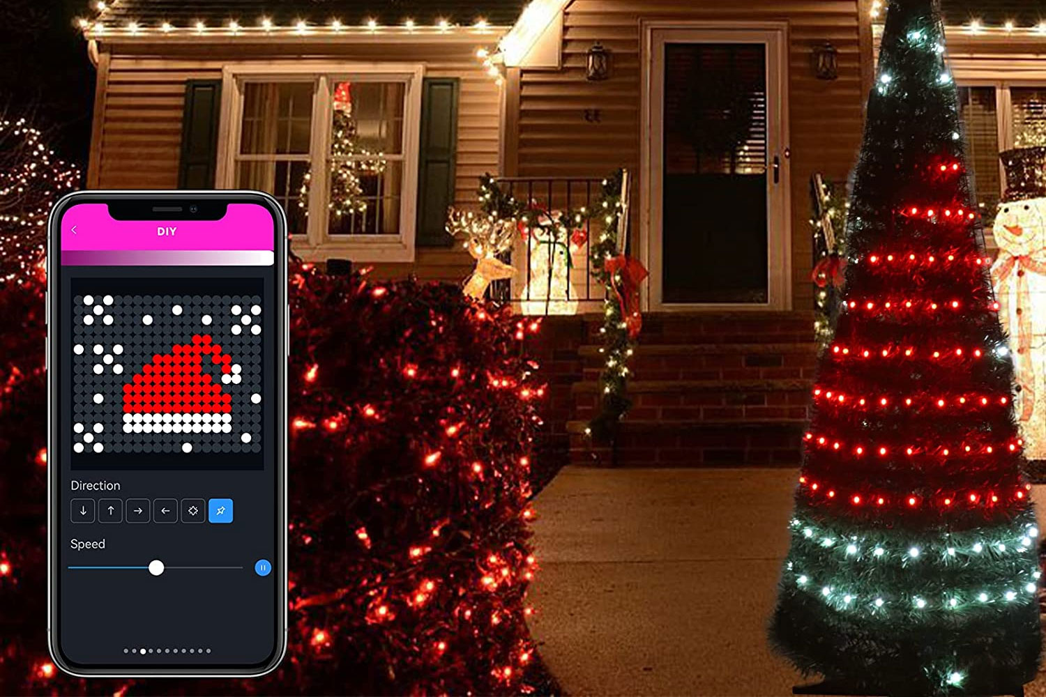 Freecube smart Christmas Tree being programmed via smartphone in front yard. 