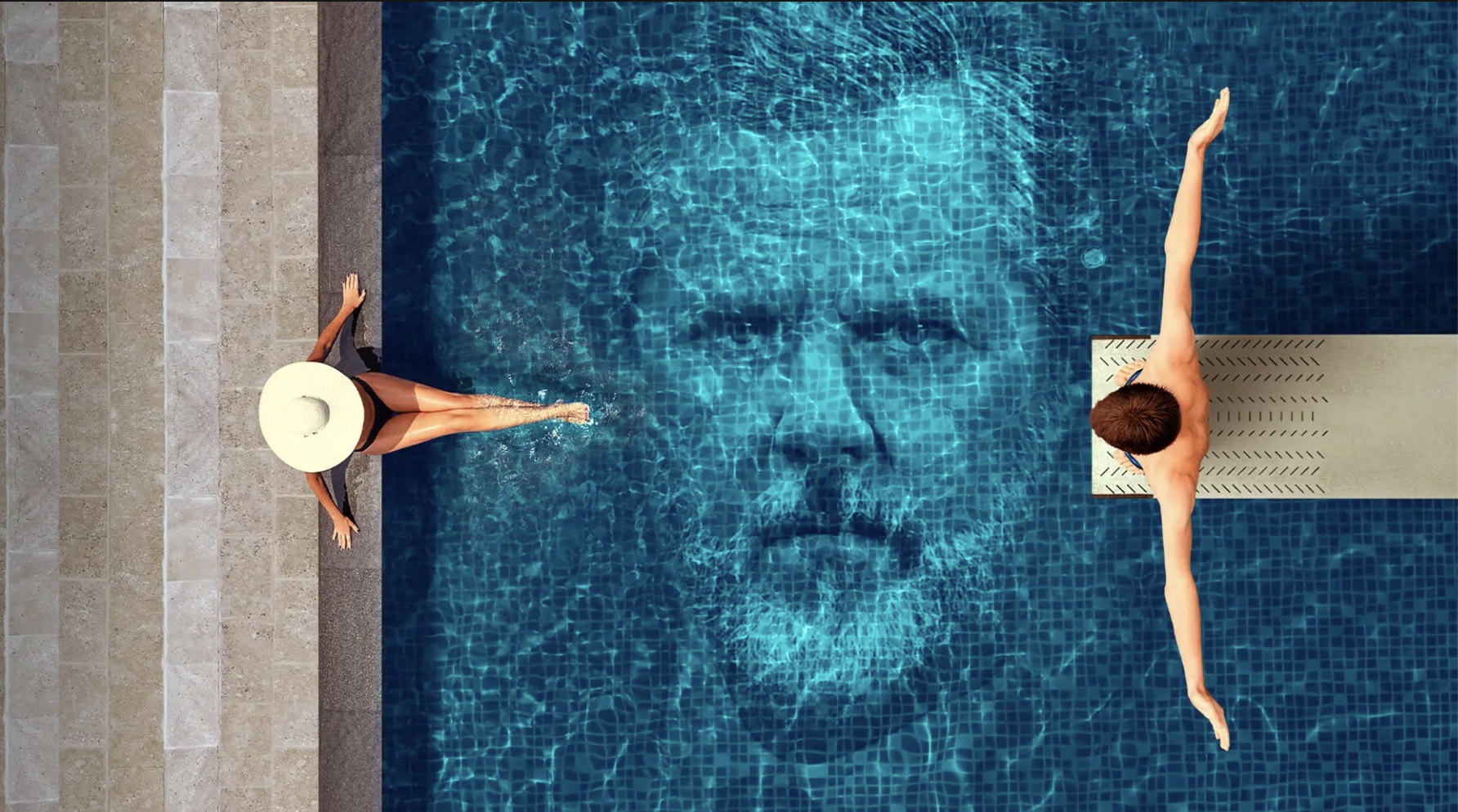 Un hombre y una mujer se sientan junto a una piscina con la cara de Jerry Falwell Jr. en el agua.
