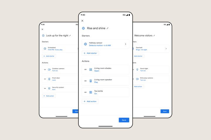 Capturas de tela do novo aplicativo Google Home em outubro de 2022.