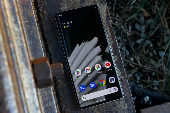 The Pixel 7 Pro with its display turned on, showing the home screen.