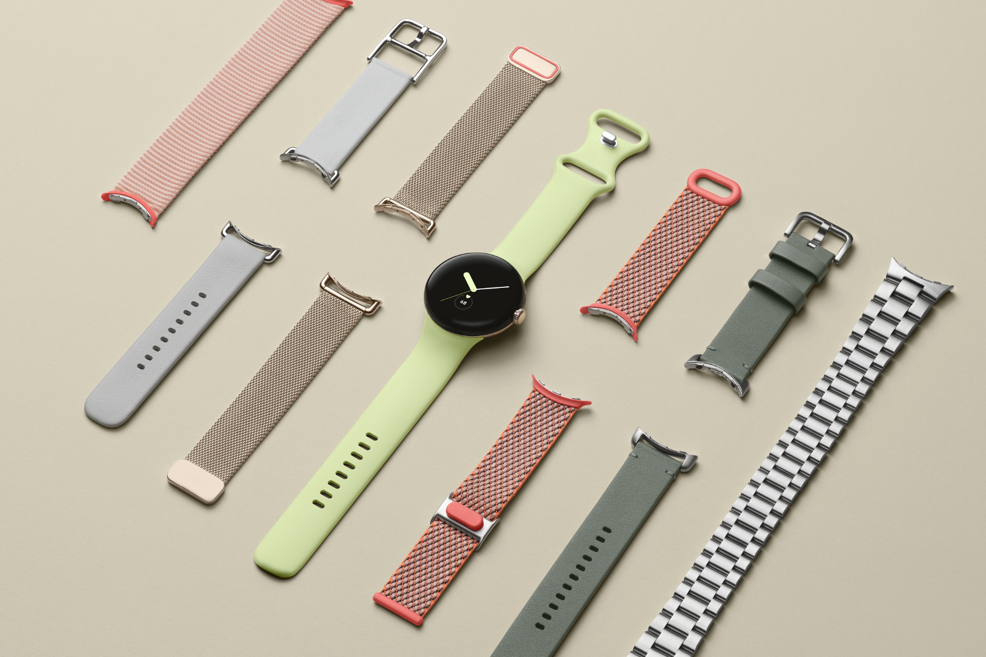 Google Pixel Watch and its watch bands.