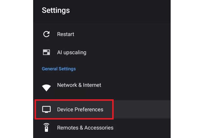 Device preferences settings on Nvidia Shield.