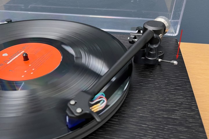 A record played on a turntable with the tonearm lowered.
