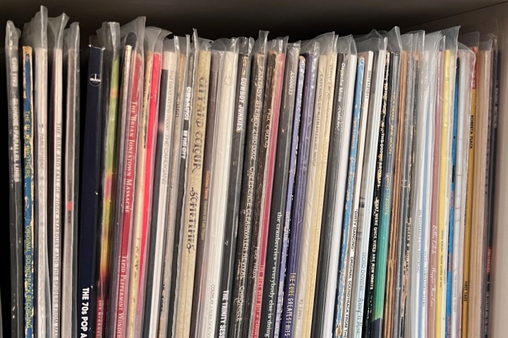 Recording stored on a record shelf.