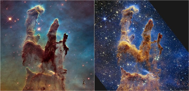 Os Pilares da Criação fotografados por Hubble e Webb.