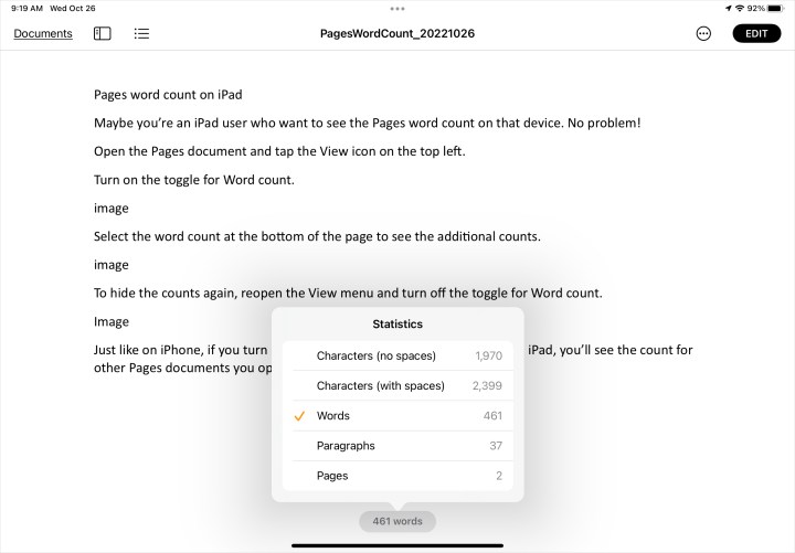 All document counts in Pages on iPad.