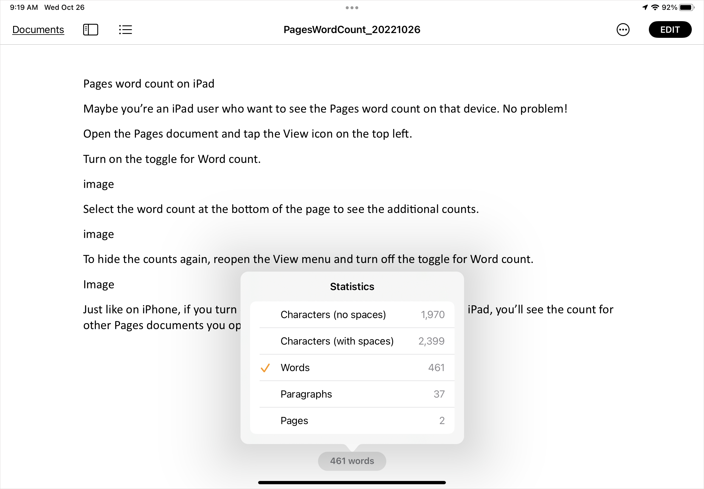 iPad の Pages では、すべてのドキュメントがカウントされます。