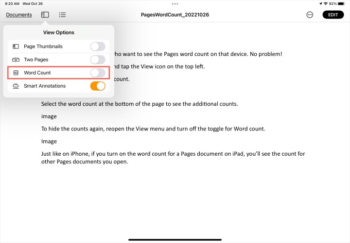 Word Count toggle off in the Pages View menu on iPad.