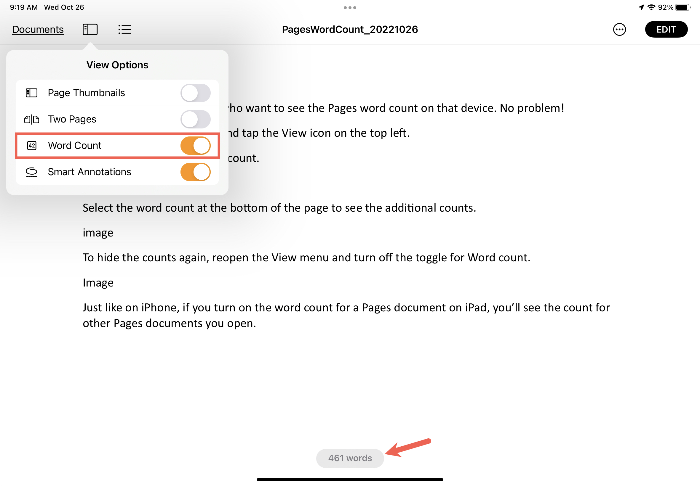 iPad の[ページ表示]メニューで文字数の切り替えをオンにします。