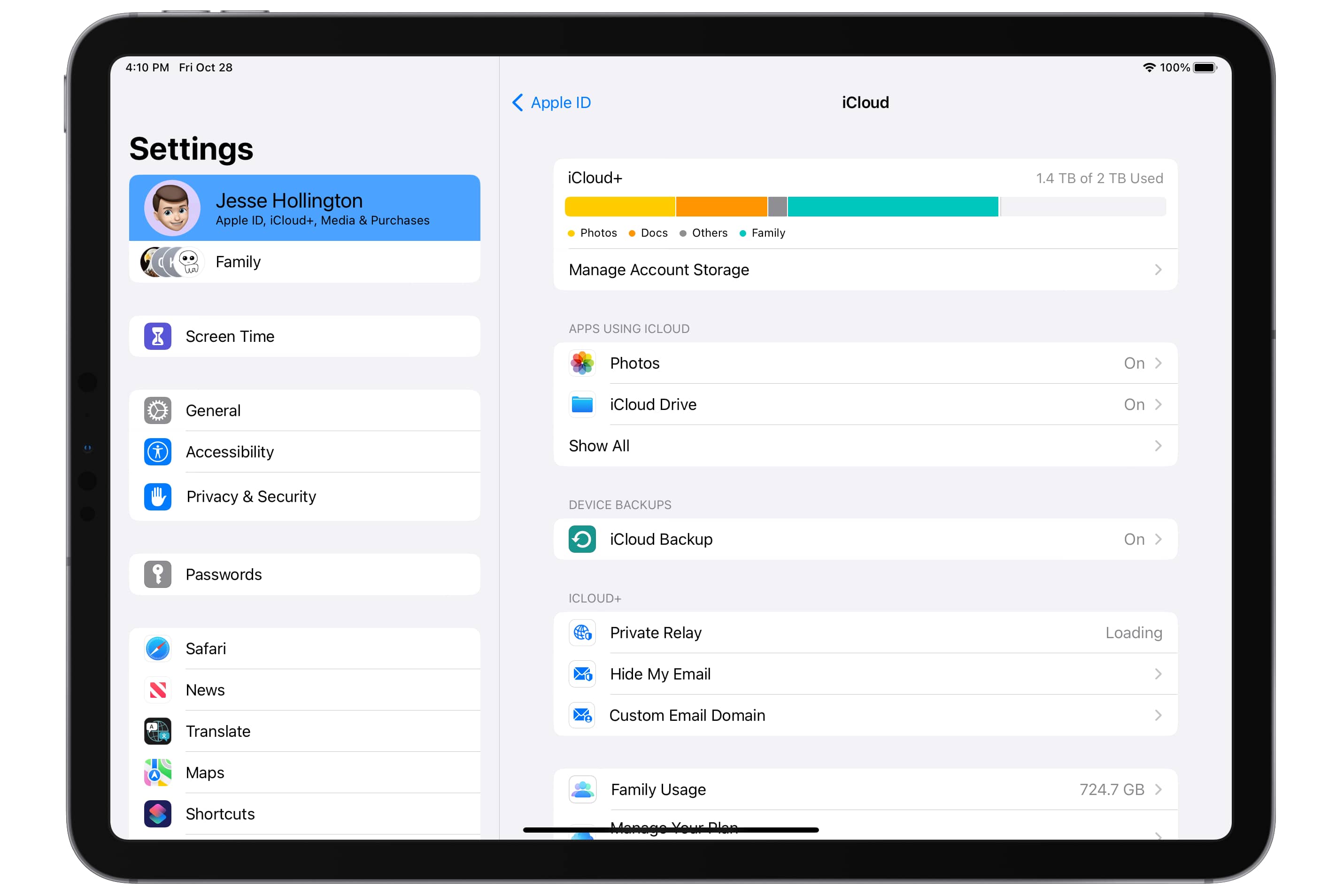 iPad mostrando la configuración de iCloud Backup.