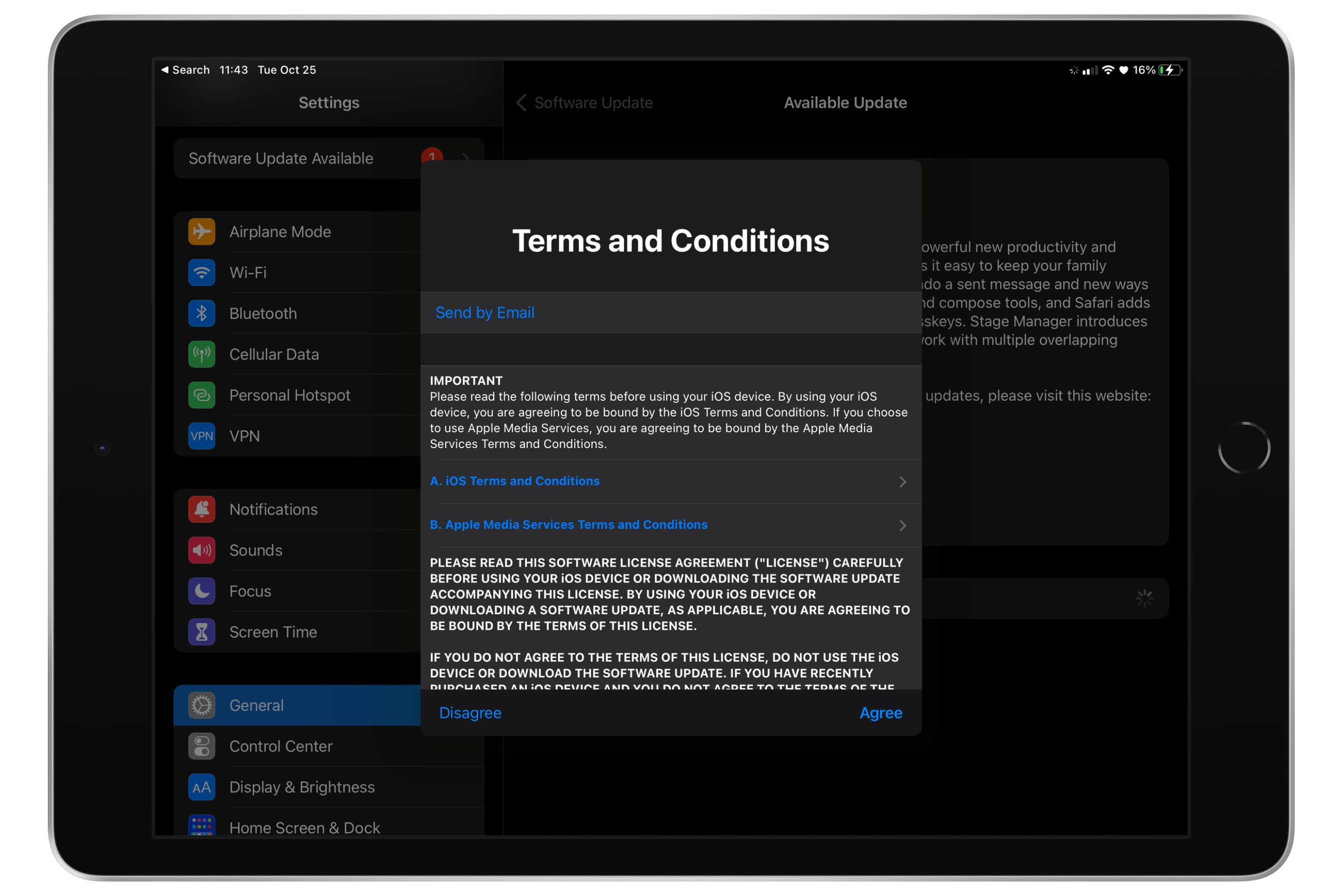 Tela de Termos e Condições de Atualização de Software do iPad.