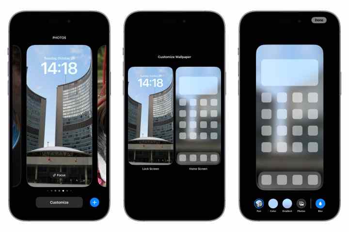 三部 iPhone 展示了在 iOS 16.1 中从锁定屏幕自定义主屏幕壁纸的步骤。