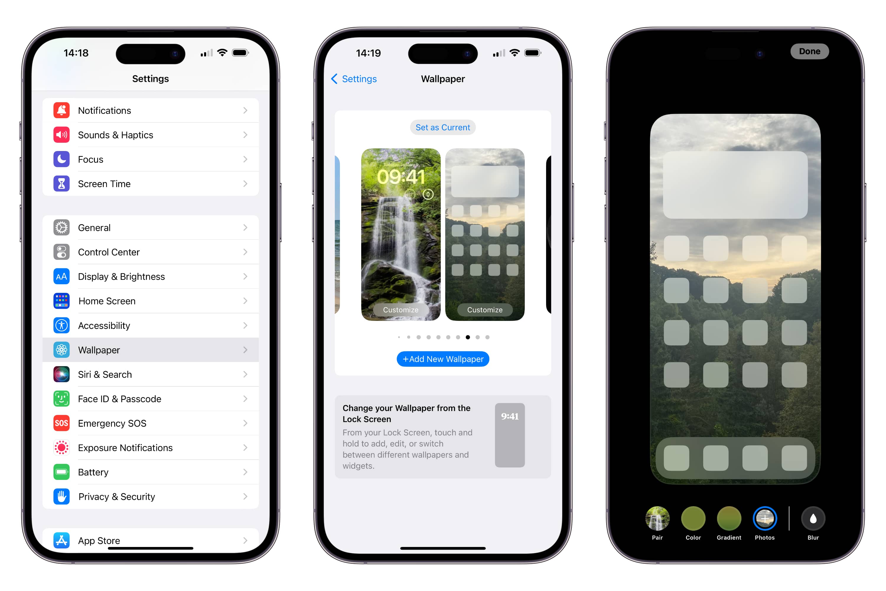 Three iPhones show steps to customize the home screen background via the Settings app in iOS 16.1.