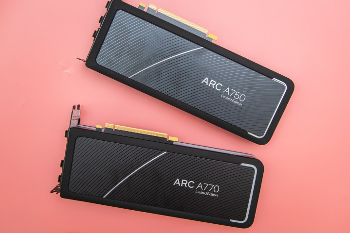 The backs of the Arc A770 and Arc A750 graphics cards.
