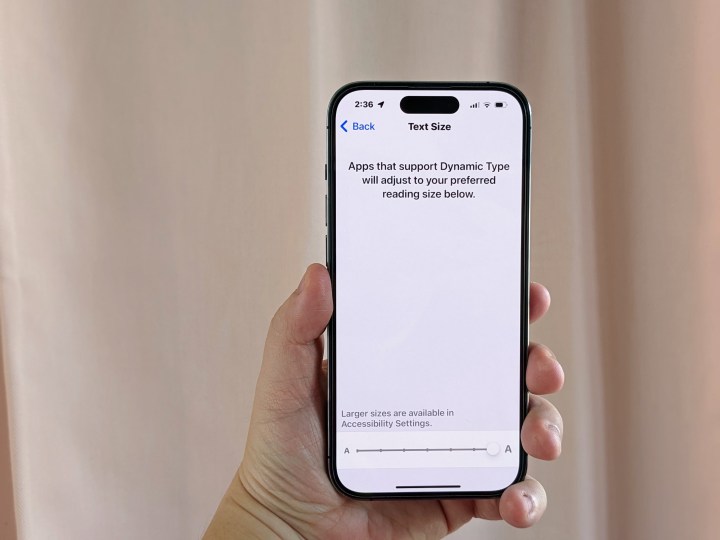 Un iPhone 14 Pro que muestra la opción Texto más grande en Configuración con texto en negrita ya habilitado