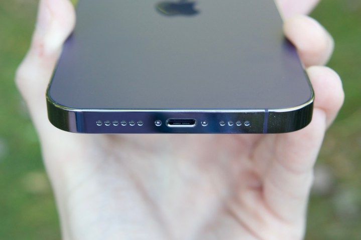 The Lightning port on the iPhone 14 Pro Max.