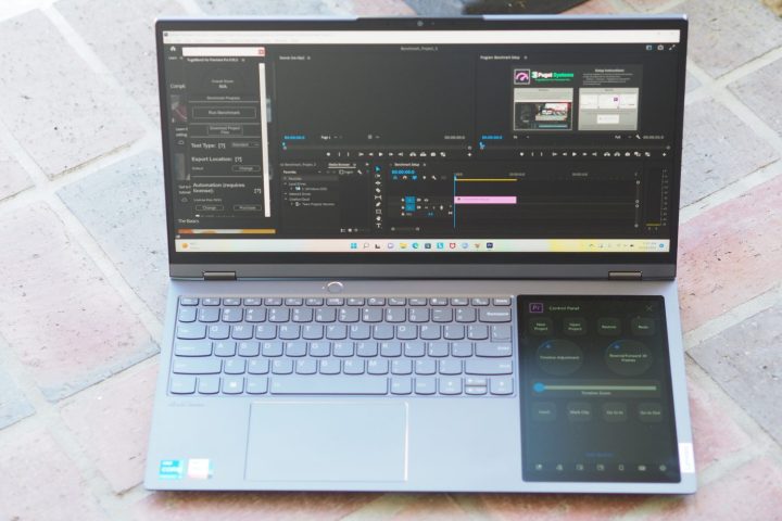 Lenovo ThinkBook Plus Gen 3 front view showing primary and secondary display Premiere Pro.