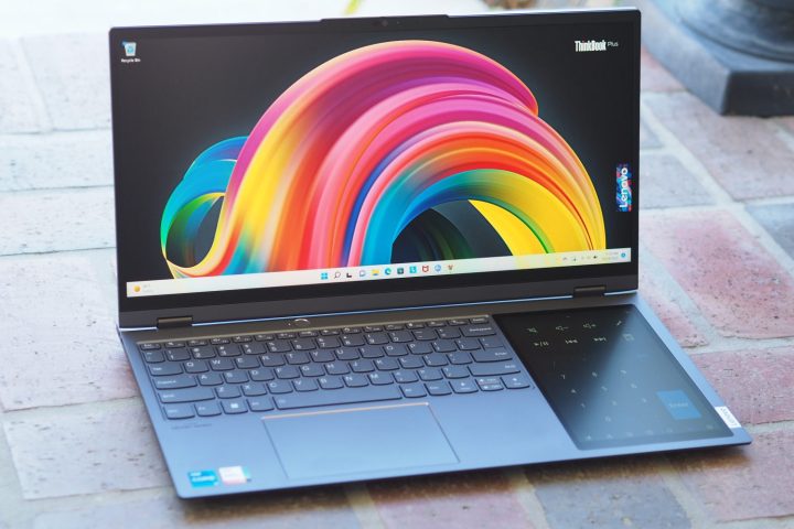 Lenovo ThinkBook Plus Gen 3 front view showing dual displays and keyboard.