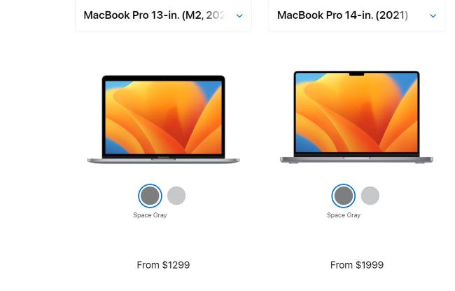 The prices of the M2 and 14-inch MacBook Pro models. 