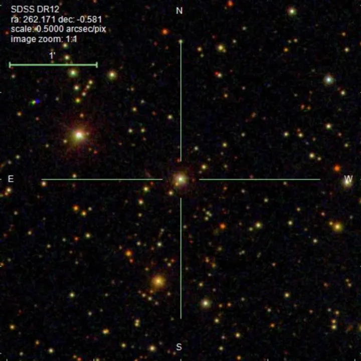 The cross-hairs mark the location of the newly discovered monster black hole.