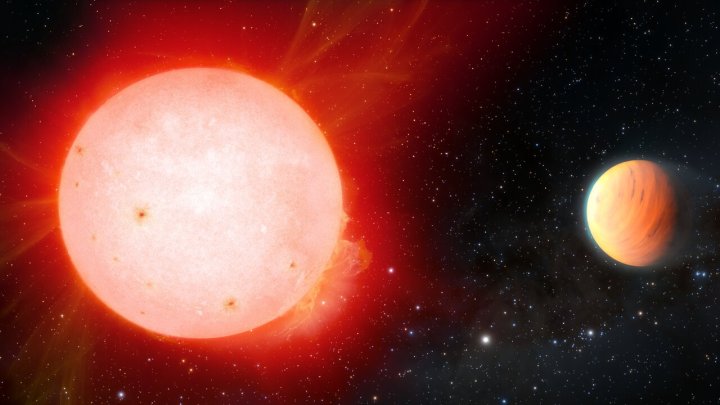 Un exoplaneta gigante gaseoso [derecha] con la densidad de un malvavisco ha sido detectado en órbita alrededor de una estrella enana roja fría [izquierda] por el instrumento de velocidad radial NEID financiado por la NASA en el Telescopio WIYN de 3,5 metros en el Observatorio Nacional Kitt Peak, un programa de NOIRLab de NSF. El planeta, llamado TOI-3757 b, es el planeta gigante gaseoso más esponjoso jamás descubierto alrededor de este tipo de estrella.