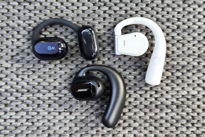 Bose Sport Open Earbuds, Cleer Arc, and Oladance Wearable Stereo open-style earbuds.