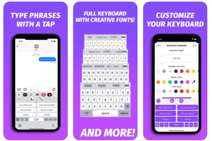 Phraseboard Keyboard tripartite marketing screens.