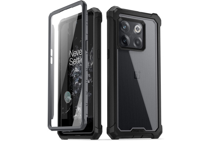 Poetic Guardian Rugged Clear Case on the OnePlus 10T, showing the rugged black bumper and clear back of the case.