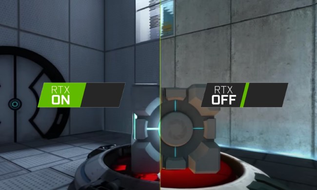 A screenshot of Portal RTX with RTX on or off.