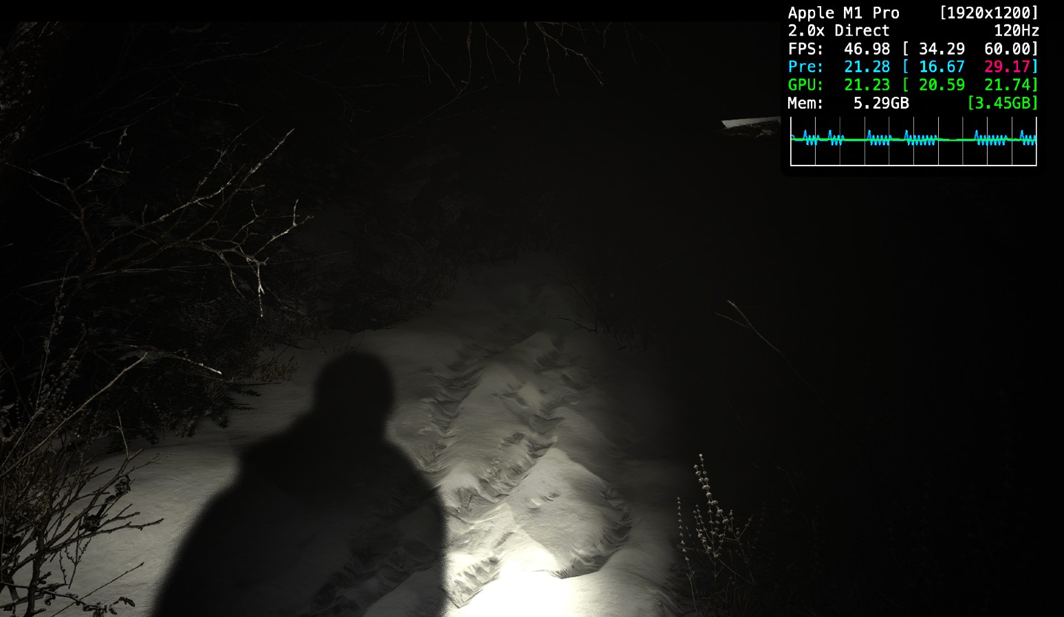 Uma captura de tela escura de Resident Evil Village no Mac.
