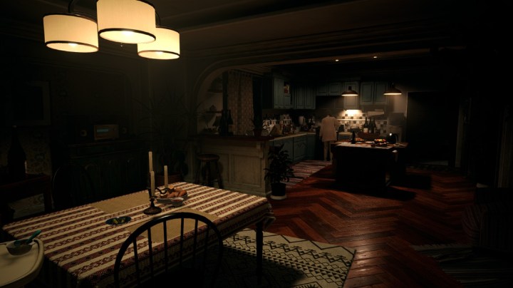 A screenshot of a kitchen in Resident Evil Village.