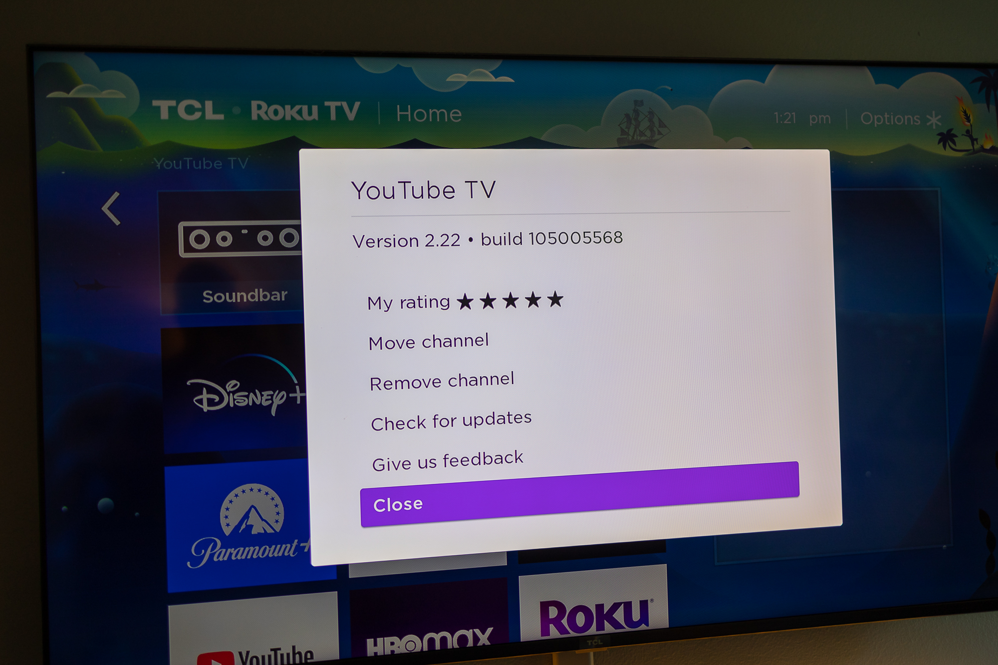 Menú del botón Roku Star en la pantalla de inicio.
