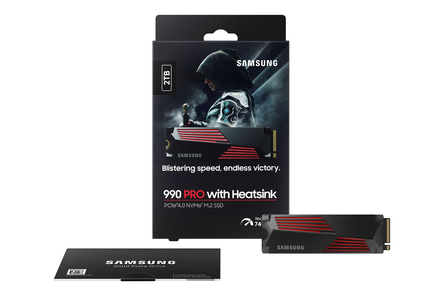 The Samsung 990 Pro SSD with a box.