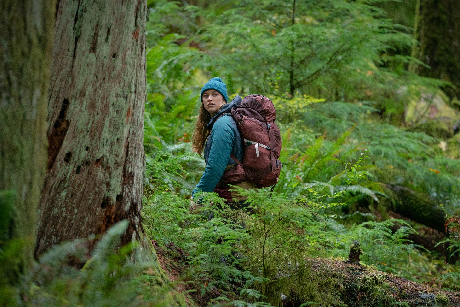 Maika Monroe geht mit Wanderrucksack in den Wald. 