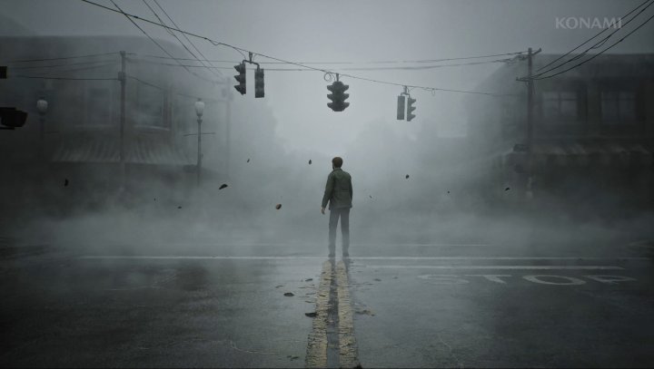 The hero of Silent Hill 2 finds himself on a foggy street.