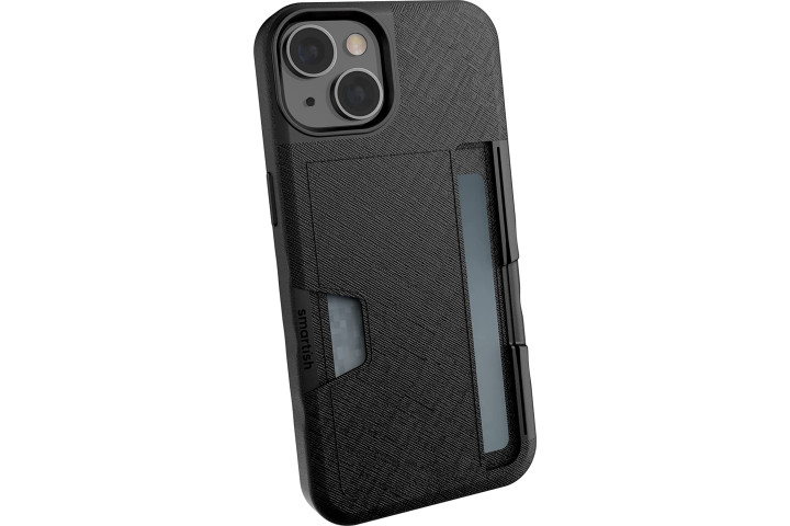 Smartish Wallet Slayer Case for iPhone 14 in black, showing the card compartment.