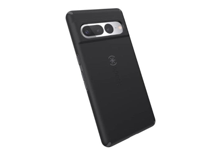 Speck ImpactHero Google Pixel 7 Pro case in black, showing off slim yet durable protection.