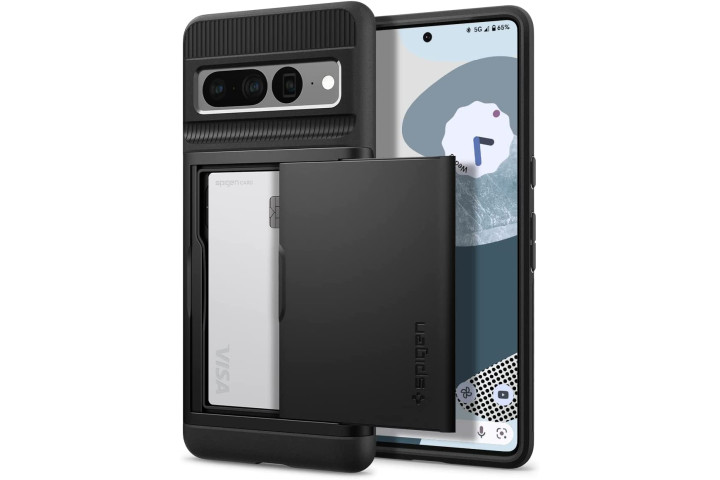 Spigen's Slim Armor CS case in black for Google Pixel 7 Pro, showing the sliding card compartment on the back of the case storing credit cards.
