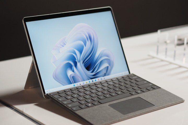 The Surface Pro 9 in laptop mode on a table.