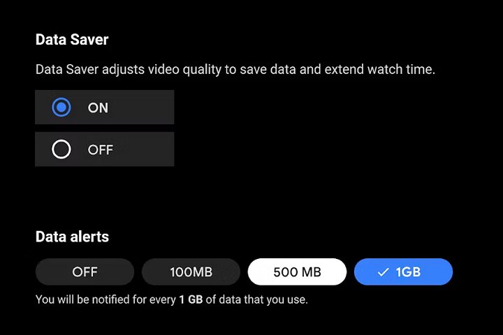 Data alert settings Android TV.