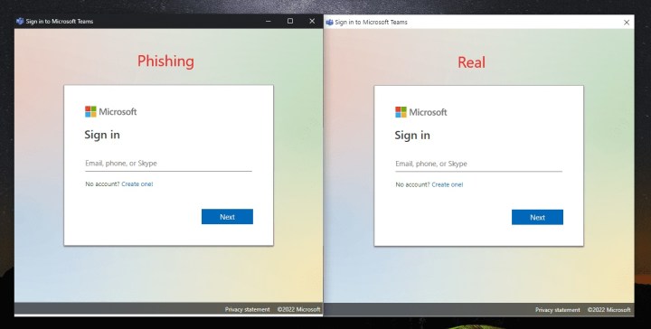Two Microsoft sign in prompts -- one fake, one real, side by side.