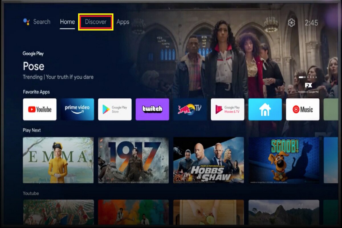 Discover tab on Android TV home screen.