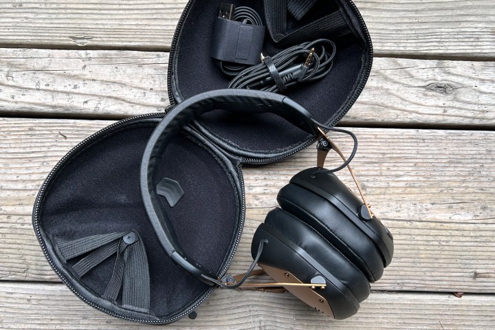 V-Moda Crossfade 3 Wireless beside carry case, with accessories.