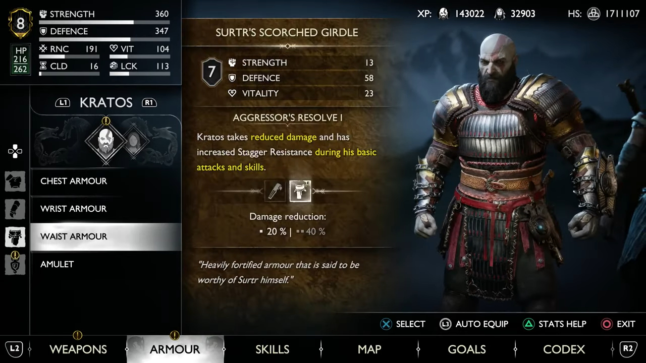 Kratos vestindo armadura queimada.