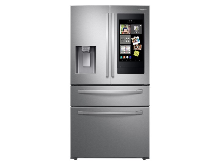 28-cubic-foot Samsung 4-Door French Door Refrigerator with Family Hub on a white background.