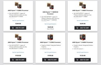 AMD Ryzen processors seen in their online store.
