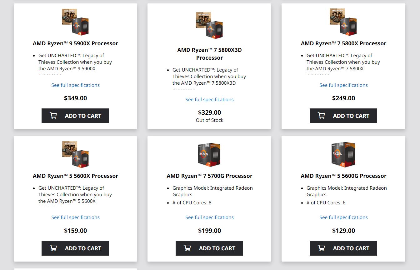 Processadores AMD Ryzen vistos em sua loja online.