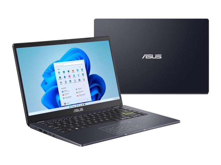 Front and back views of the Asus E410 14-inch laptop against a white background.