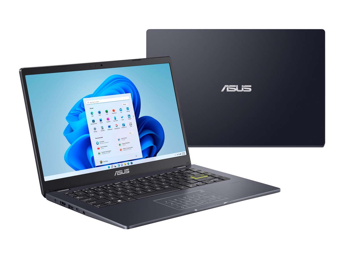 Vista frontal e traseira do laptop Asus E410 de 14 polegadas em um fundo branco.