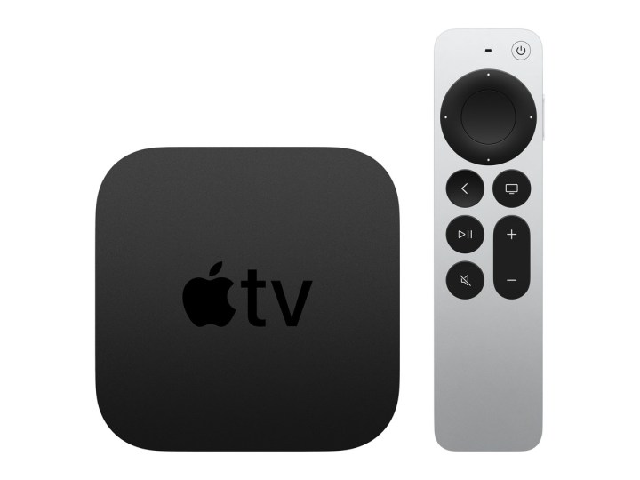 Um controle remoto Apple TV HD e Siri em um fundo branco.